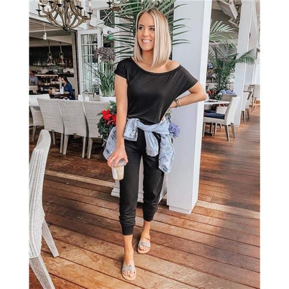 Women's Loose Solid Off Shoulder Elastic Waist Stretchy Long Romper Jumpsuit - Picture 5 of 6